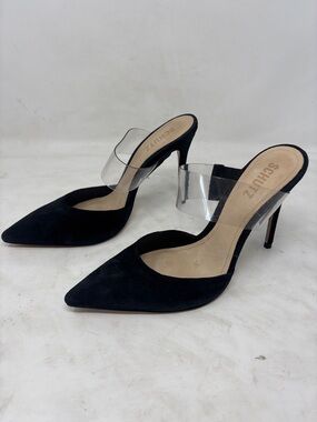 SCHUTZ Black Suede Pointed-Toe Mules with Clear Strap